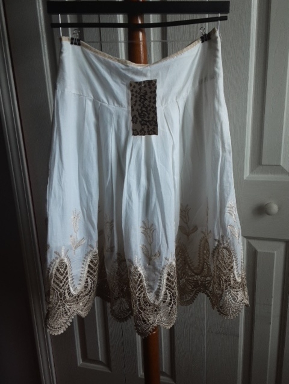 Magic White A-Line Skirt with Beige Lace Trim, Size Small.